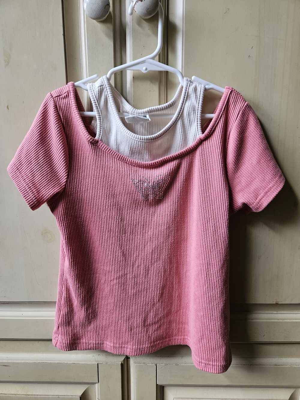 Pink Ribbed Short-Sleeve Top with White Tank Layer